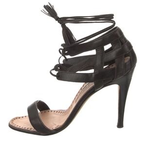 Manolo Blahnik‎ Black Leather Wrap Tassel Stiletto Heels Open Toe US8 Party IT38